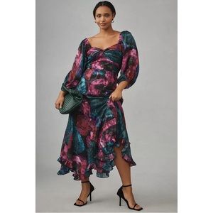 Anthropologie Hutch Printed Twist-Front Puff-Sleeve Ruffle-Hem Dress